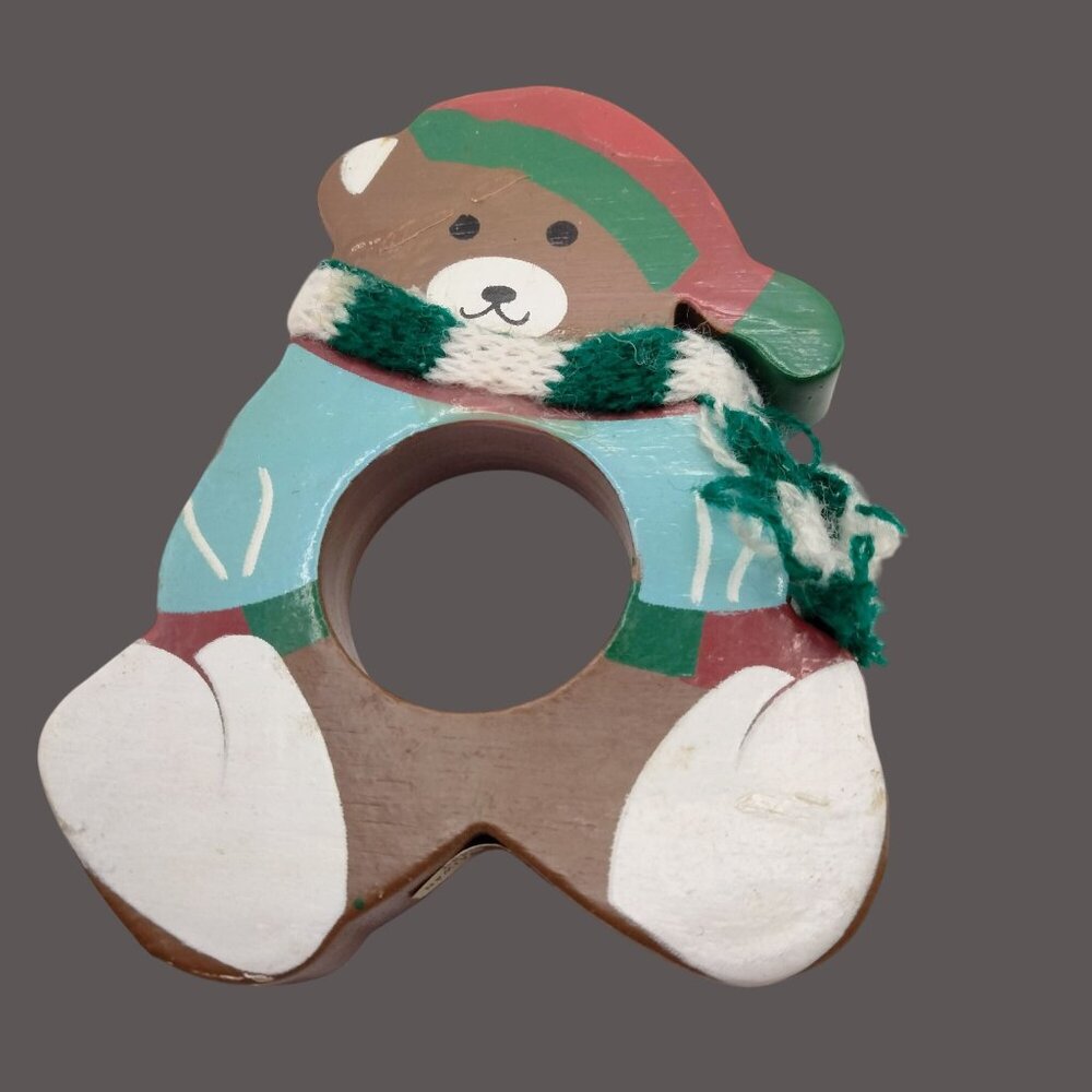 Vintage Christmas Bear Wood Napkin Ring Holder